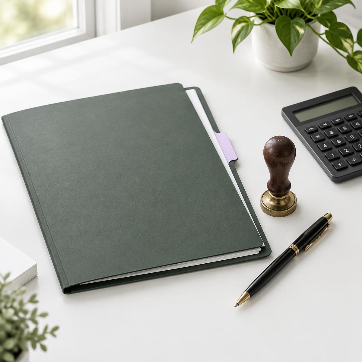 Organized documents, stamp, calculator and pen